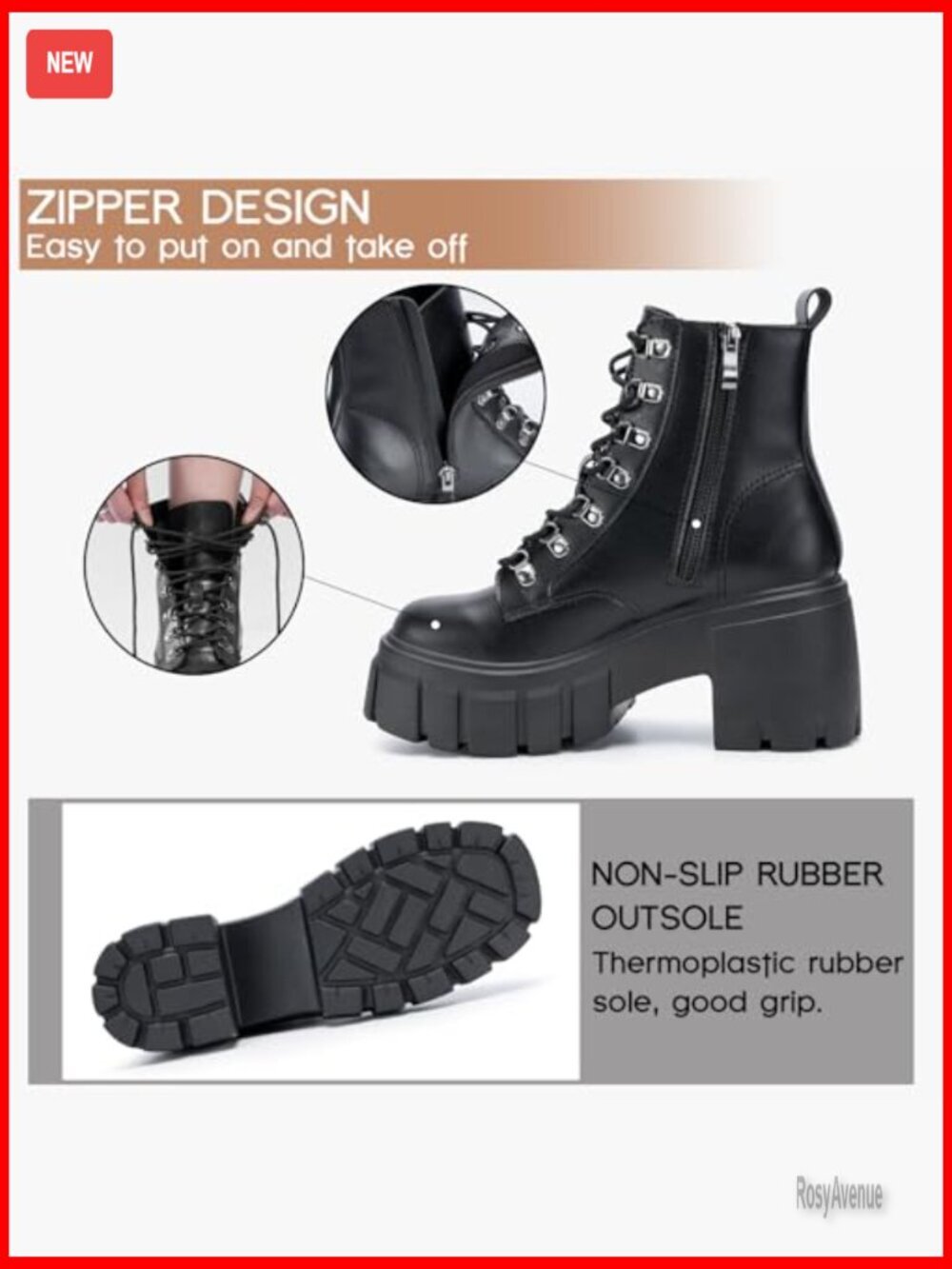 Lightweight Combat Boots Lace Up Side Zipper Chunky Platform Lug Sole - Picture 5 of 7